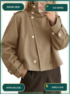 Women Cropped Trench Coat Lightweight Windresistant Button Front Casual Jacket